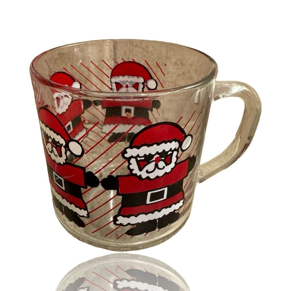 Vintage Luminarc Santa Holiday Glass Mug Cup Christmas Theme